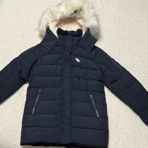 Abercrombie Kids Navy Puffer Jacket with Faux Fur Hood